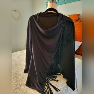 Black long sleeve knotted fringe cardigan-shirt.